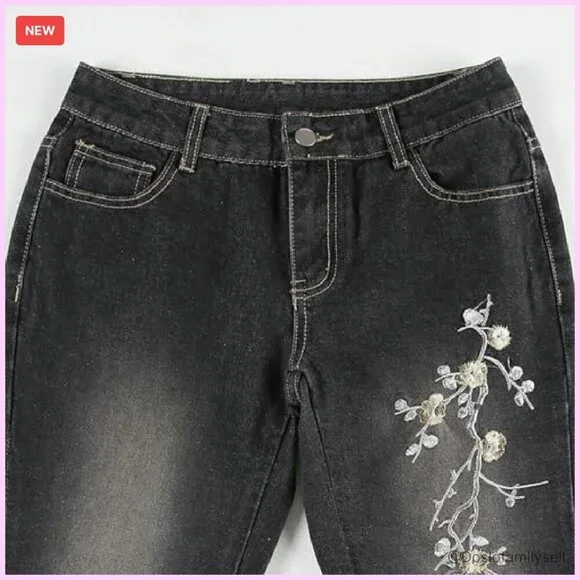 Stretchy Flare Jeans Mid Rise Embroidery Vintage Denim Y2K Retro - Picture 7 of 8